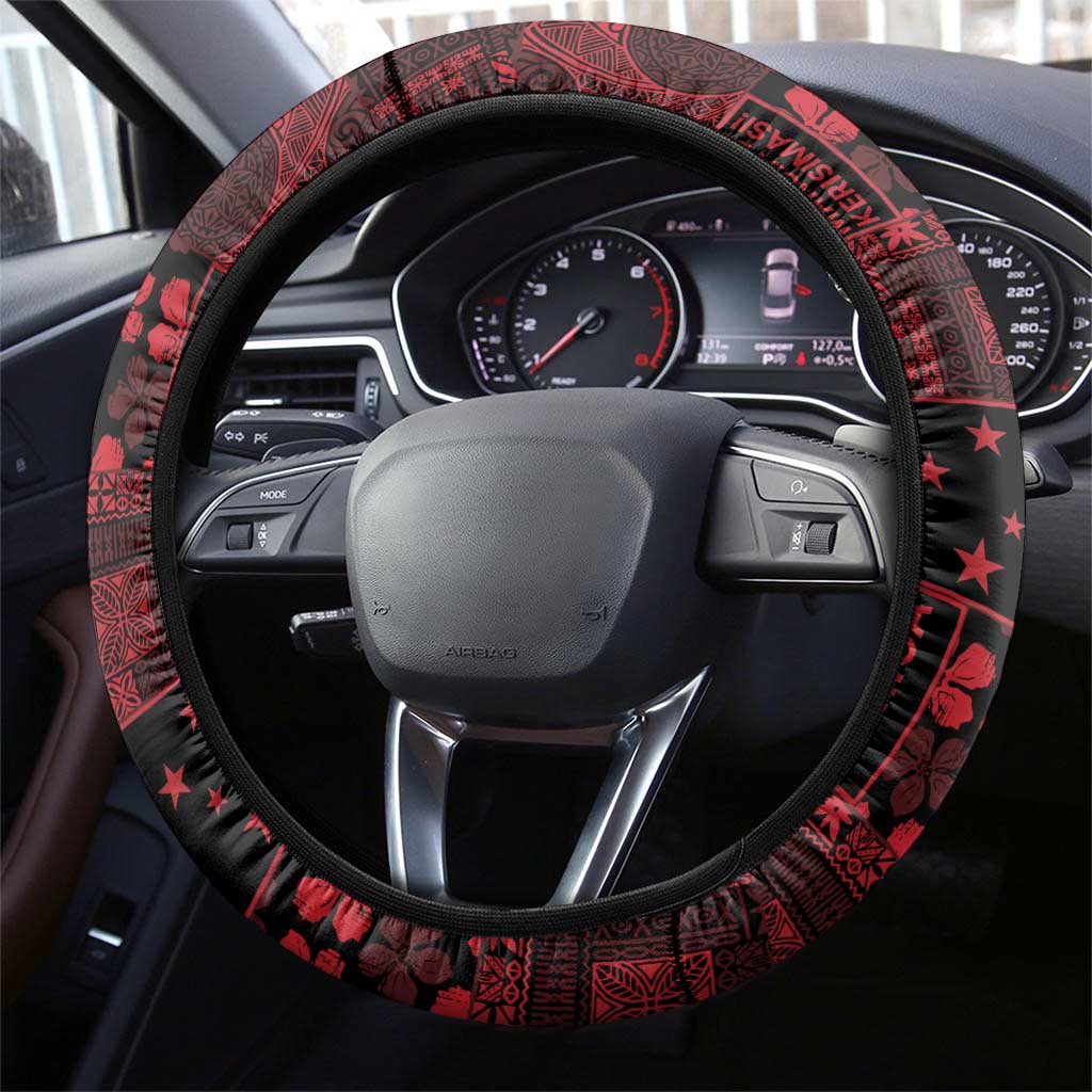 Dark Samoa Manuia Le Kerisimasi Steering Wheel Cover Pacific Patchwork Xmas Vibes - Polynesian Pride