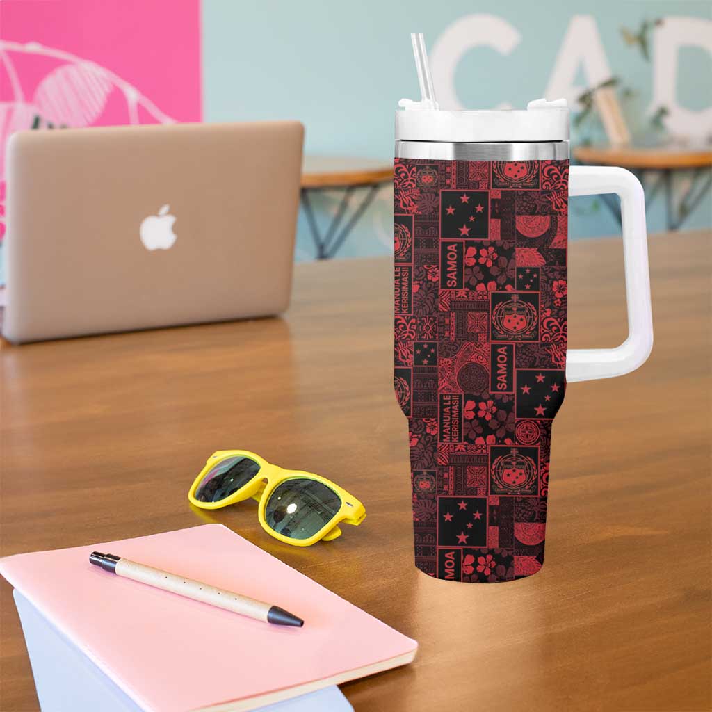 Dark Samoa Manuia Le Kerisimasi Tumbler With Handle Pacific Patchwork Xmas Vibes - Polynesian Pride