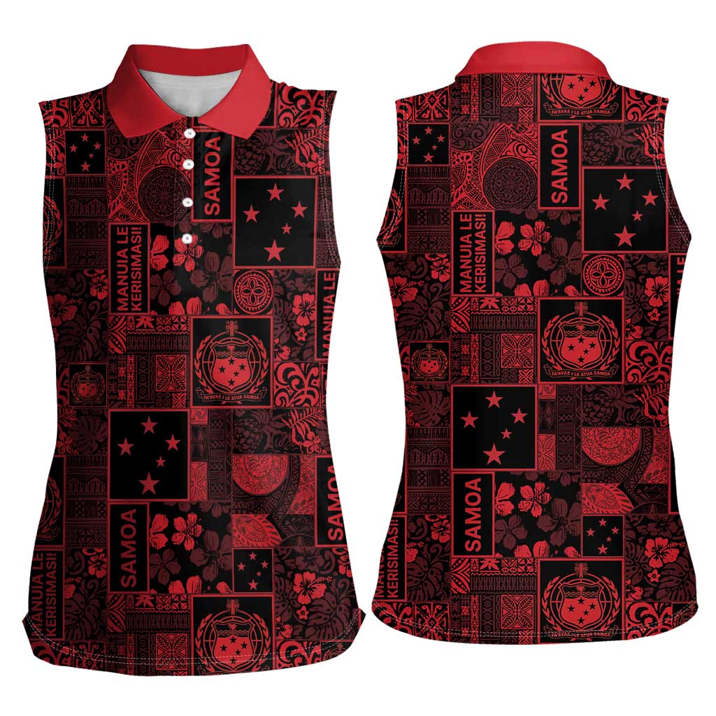 Dark Samoa Manuia Le Kerisimasi Women Sleeveless Polo Shirt Pacific Patchwork Xmas Vibes - Polynesian Pride