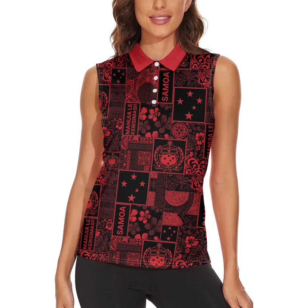 Dark Samoa Manuia Le Kerisimasi Women Sleeveless Polo Shirt Pacific Patchwork Xmas Vibes - Polynesian Pride