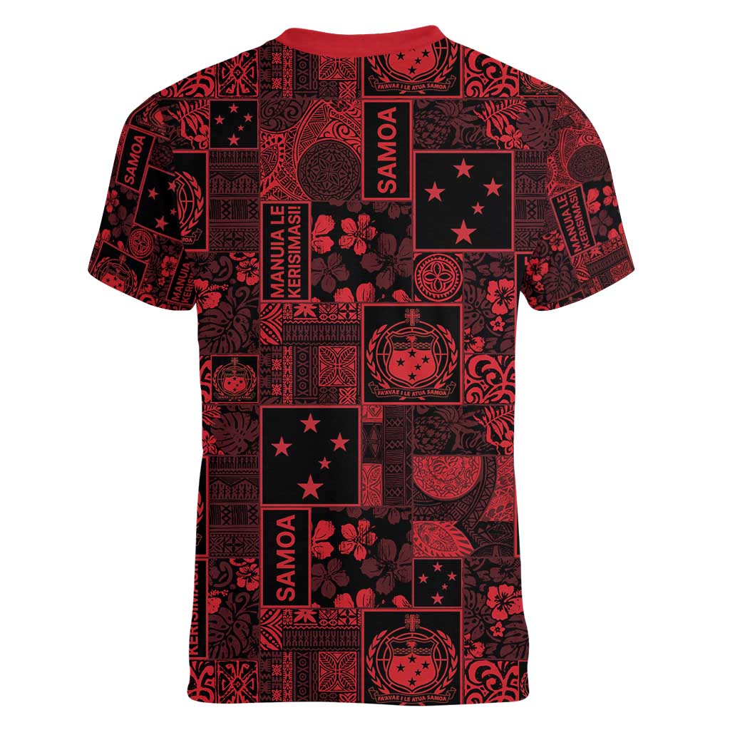 Dark Samoa Manuia Le Kerisimasi Women V-Neck T-Shirt Pacific Patchwork Xmas Vibes - Polynesian Pride