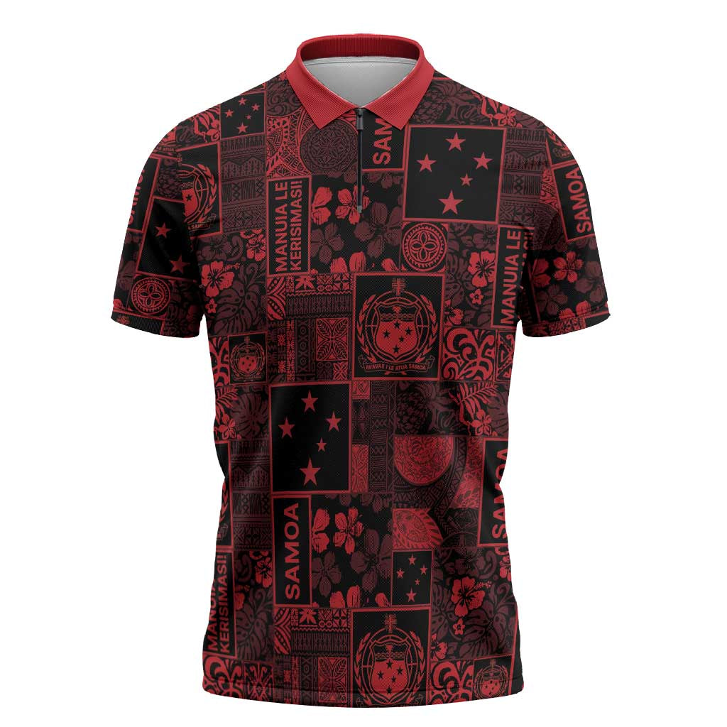 Dark Samoa Manuia Le Kerisimasi Zipper Polo Shirt Pacific Patchwork Xmas Vibes - Polynesian Pride