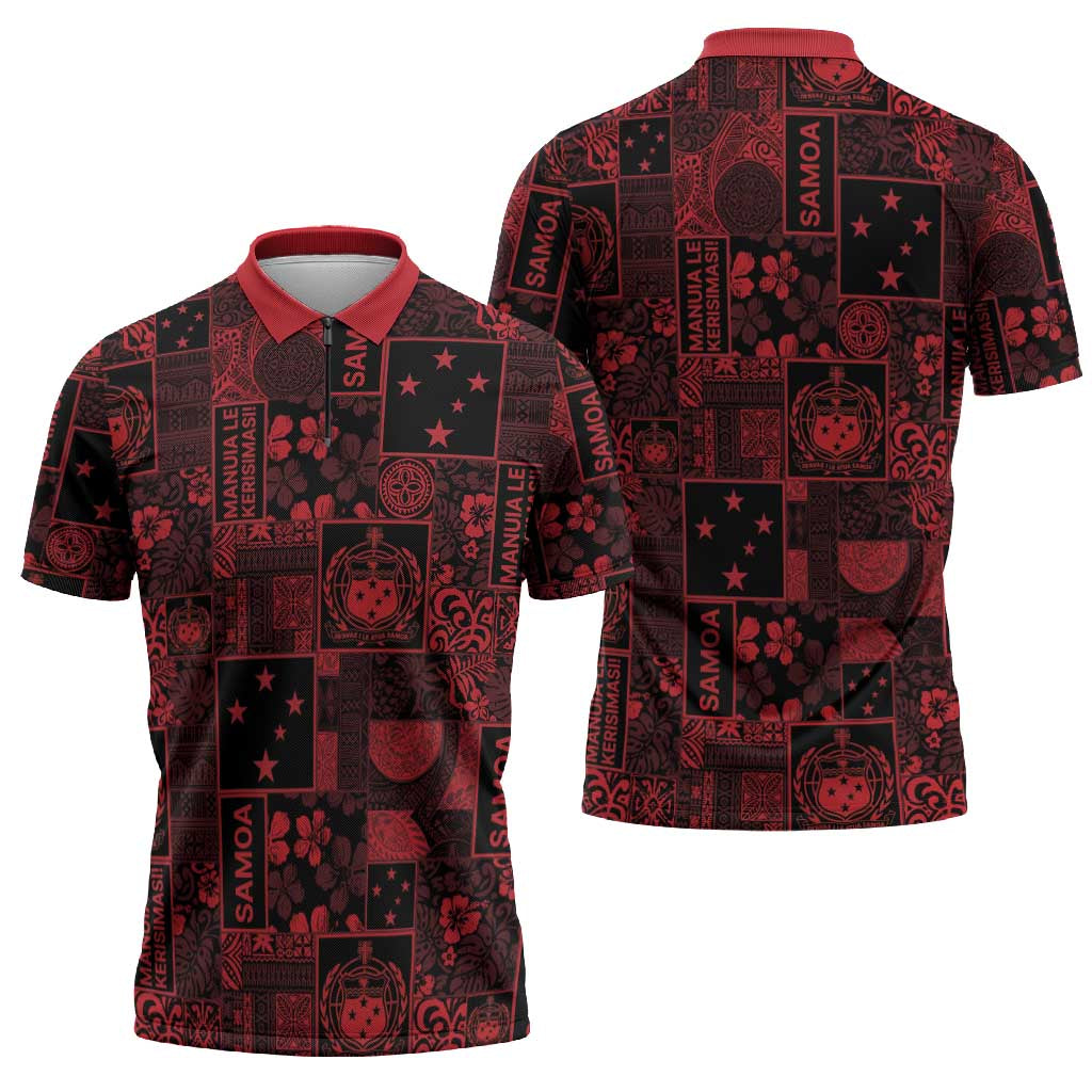 Dark Samoa Manuia Le Kerisimasi Zipper Polo Shirt Pacific Patchwork Xmas Vibes - Polynesian Pride