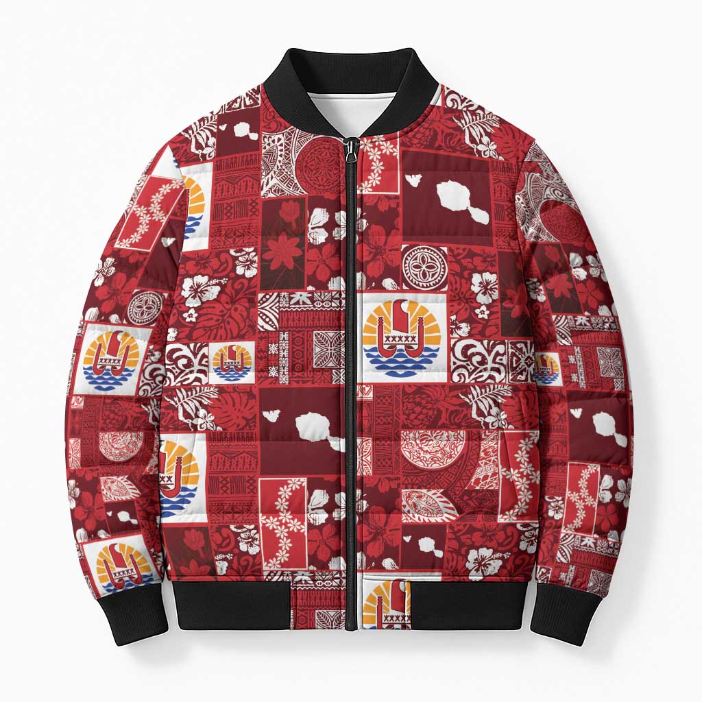 Tahiti Oaoa I Teie Noera Bomber Puffer Jacket Pacific Patchwork Xmas Vibes - Polynesian Pride