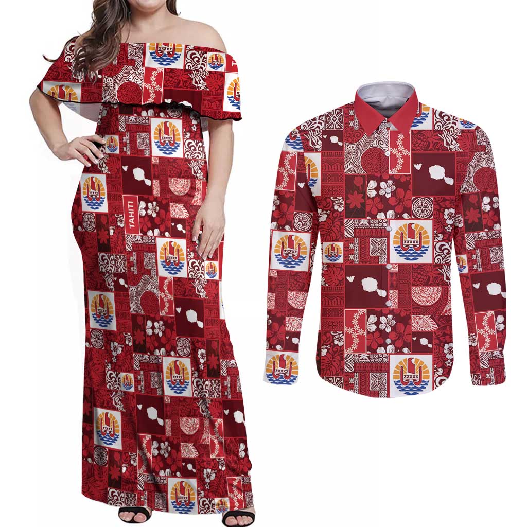 Tahiti Oaoa I Teie Noera Couples Matching Off Shoulder Maxi Dress and Long Sleeve Button Shirt Pacific Patchwork Xmas Vibes - Polynesian Pride