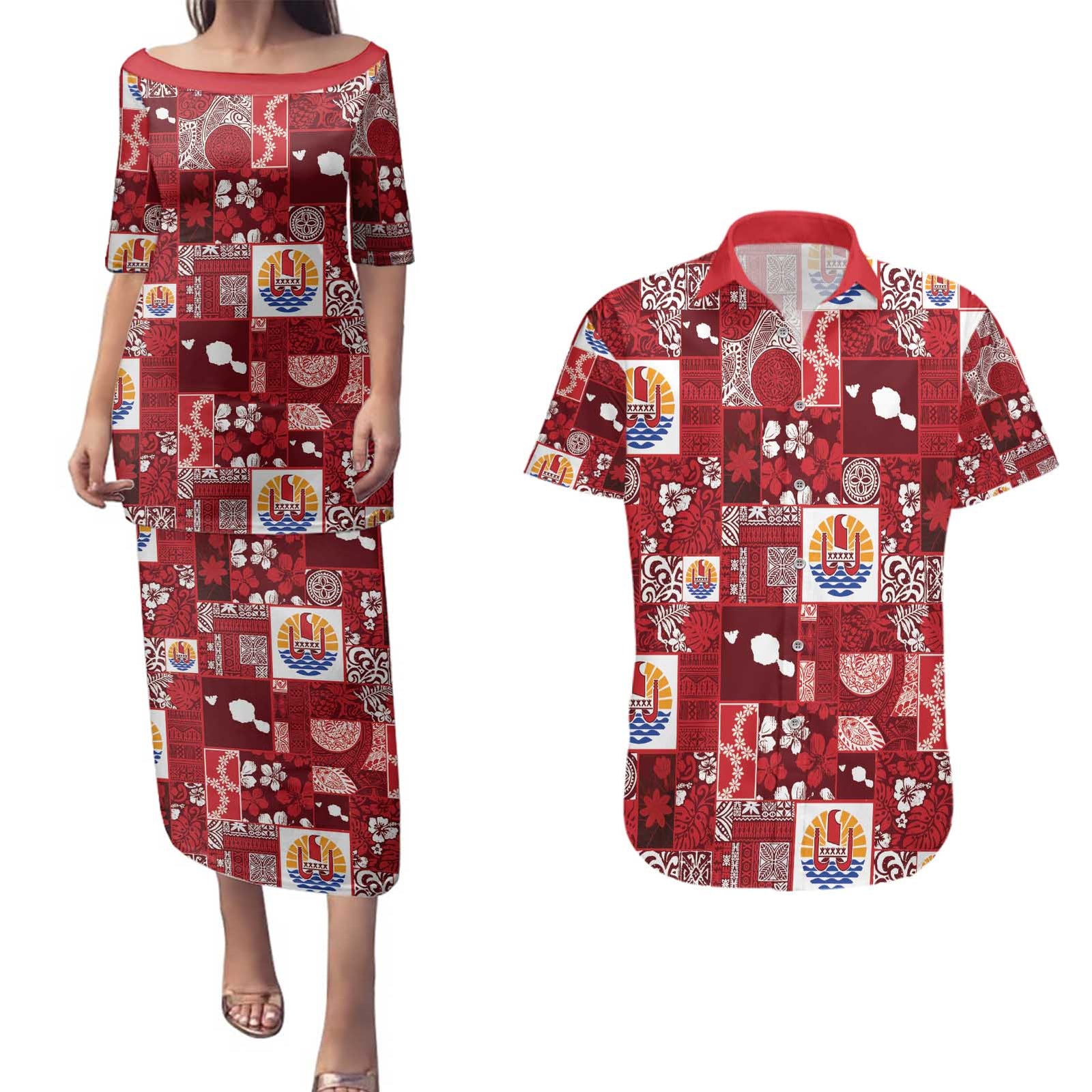 Tahiti Oaoa I Teie Noera Couples Matching Puletasi and Hawaiian Shirt Pacific Patchwork Xmas Vibes - Polynesian Pride