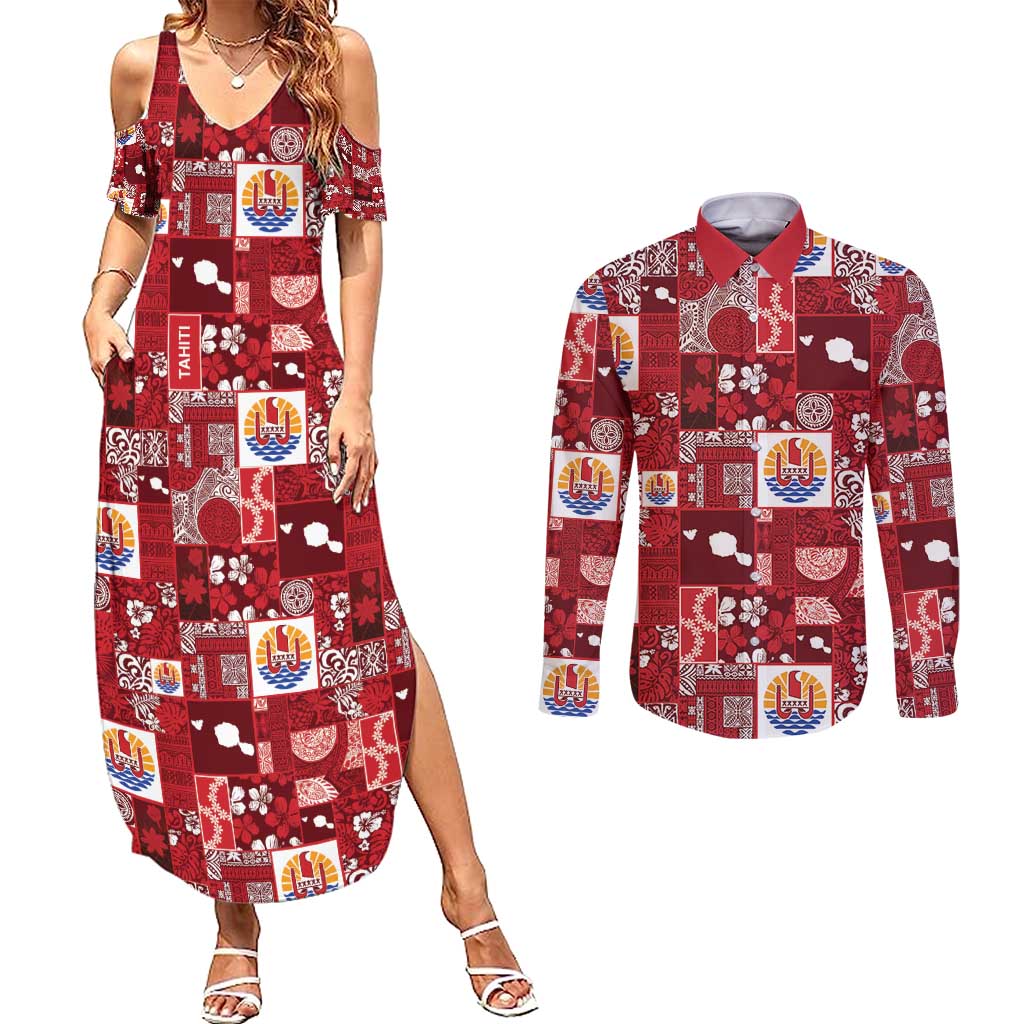 Tahiti Oaoa I Teie Noera Couples Matching Summer Maxi Dress and Long Sleeve Button Shirt Pacific Patchwork Xmas Vibes - Polynesian Pride