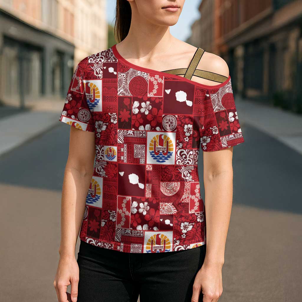 Tahiti Oaoa I Teie Noera Cross Shoulder Shirt Pacific Patchwork Xmas Vibes - Polynesian Pride