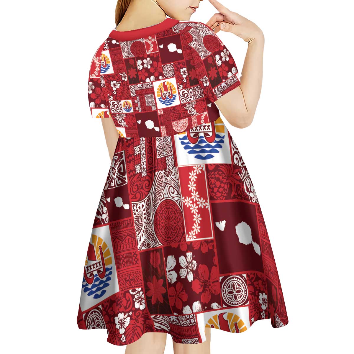 Tahiti Oaoa I Teie Noera Kid Short Sleeve Dress Pacific Patchwork Xmas Vibes - Polynesian Pride