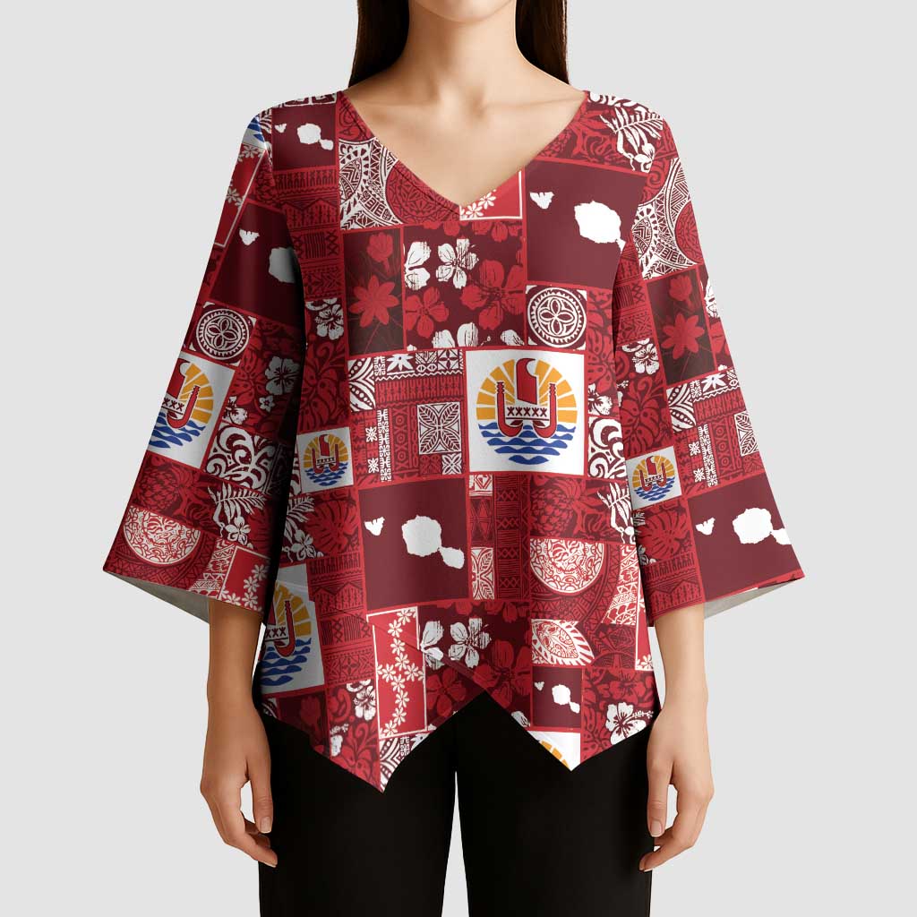 Tahiti Oaoa I Teie Noera Kimono Sleeve Blouse Pacific Patchwork Xmas Vibes - Polynesian Pride