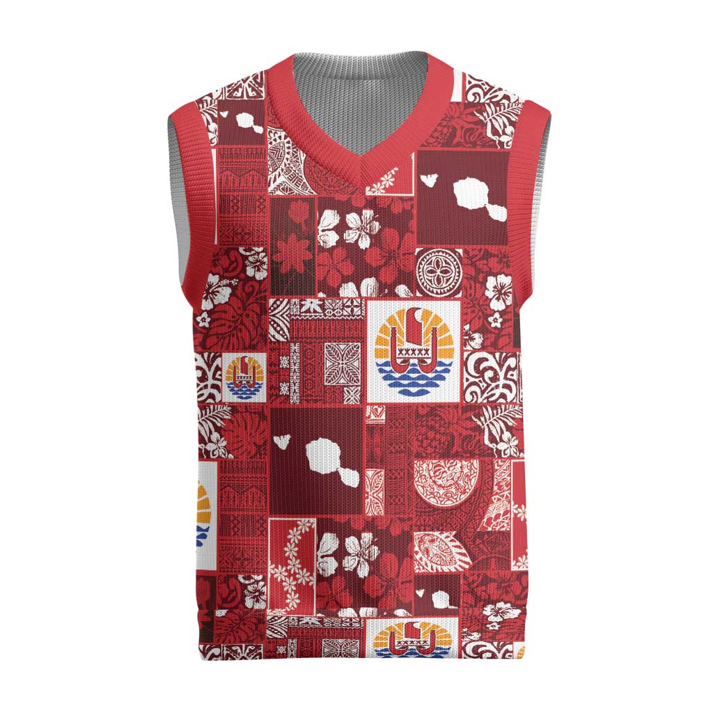 Tahiti Oaoa I Teie Noera Christmas Knitted V-Neck Vest Pacific Patchwork Xmas Vibes - Polynesian Pride