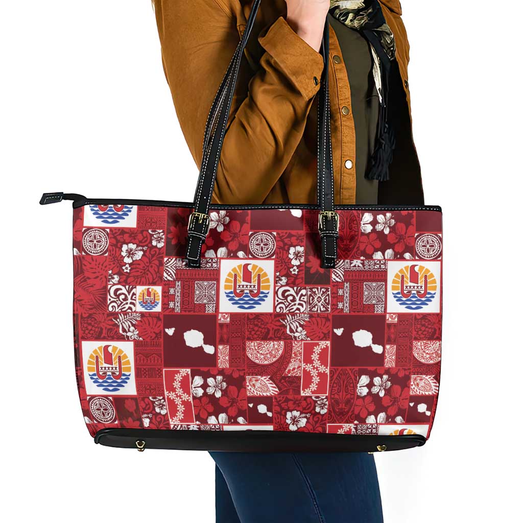 Tahiti Oaoa I Teie Noera Leather Tote Bag Pacific Patchwork Xmas Vibes - Polynesian Pride