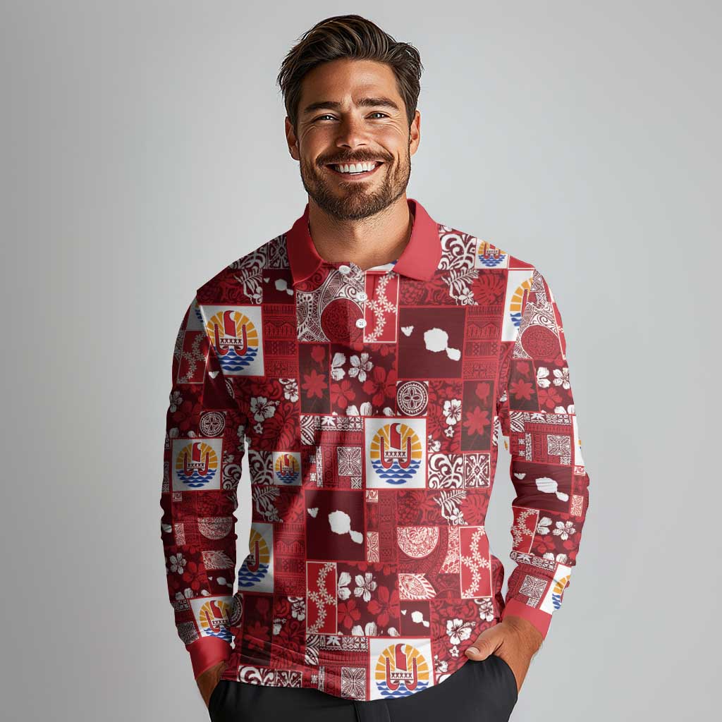 Tahiti Oaoa I Teie Noera Long Sleeve Polo Shirt Pacific Patchwork Xmas Vibes - Polynesian Pride