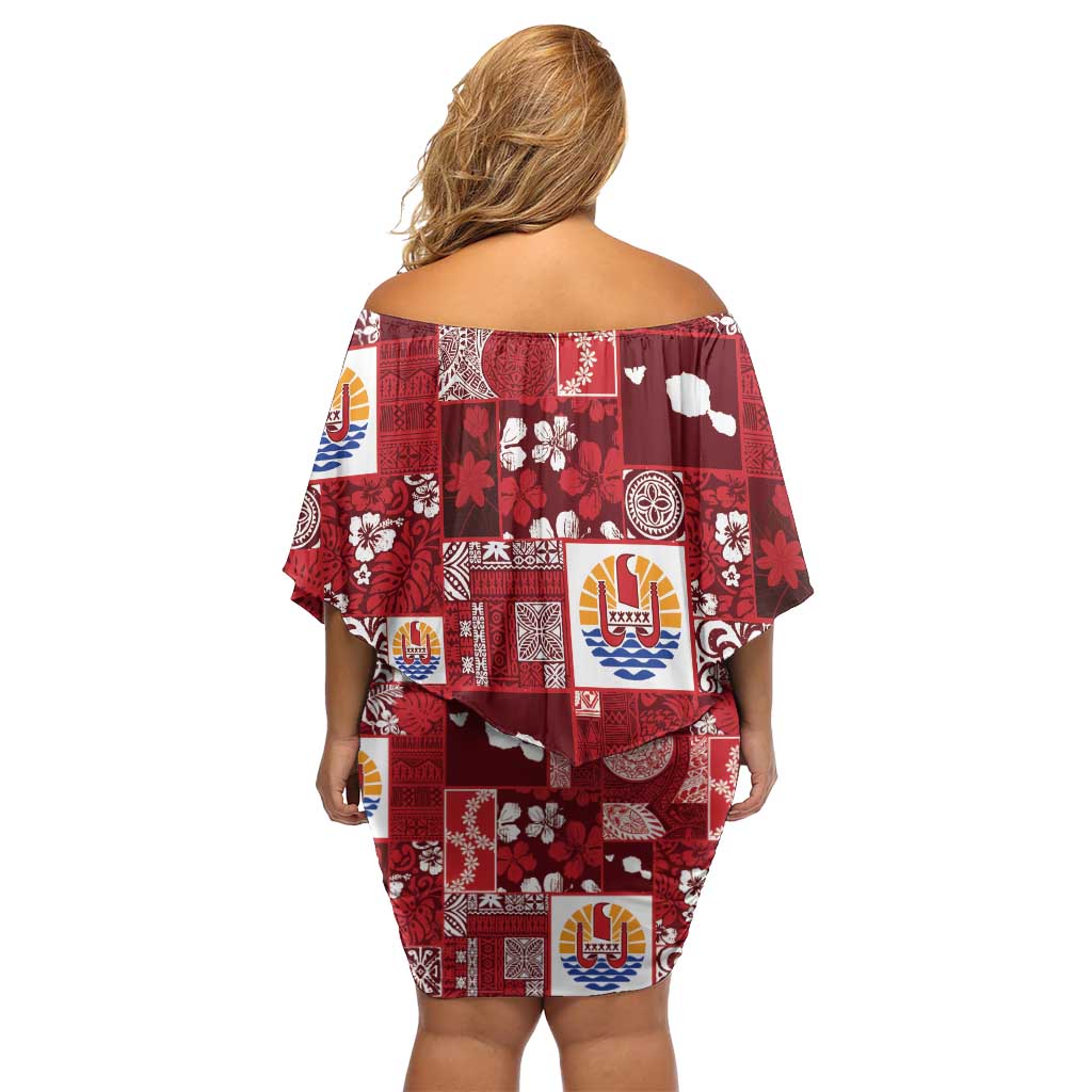 Tahiti Oaoa I Teie Noera Off Shoulder Short Dress Pacific Patchwork Xmas Vibes - Polynesian Pride