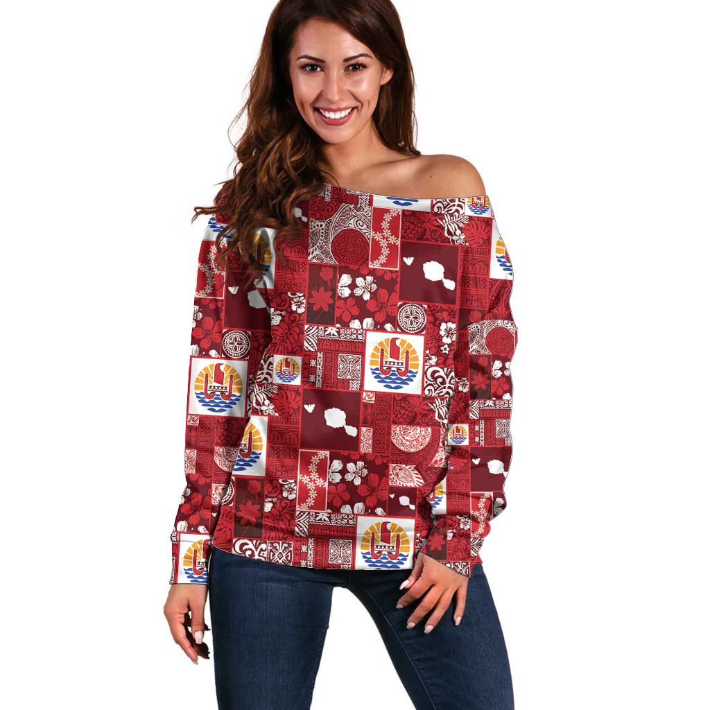 Tahiti Oaoa I Teie Noera Off Shoulder Sweater Pacific Patchwork Xmas Vibes - Polynesian Pride