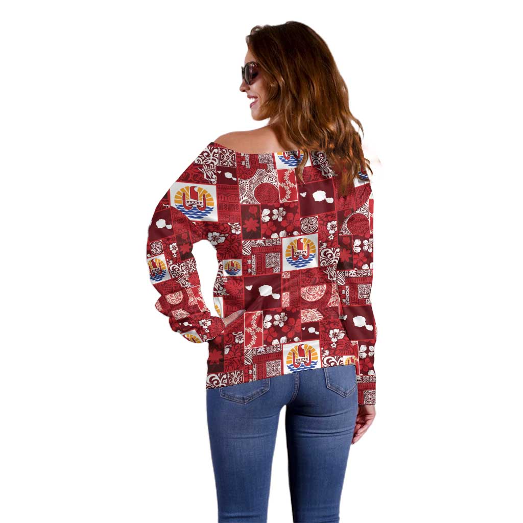 Tahiti Oaoa I Teie Noera Off Shoulder Sweater Pacific Patchwork Xmas Vibes - Polynesian Pride