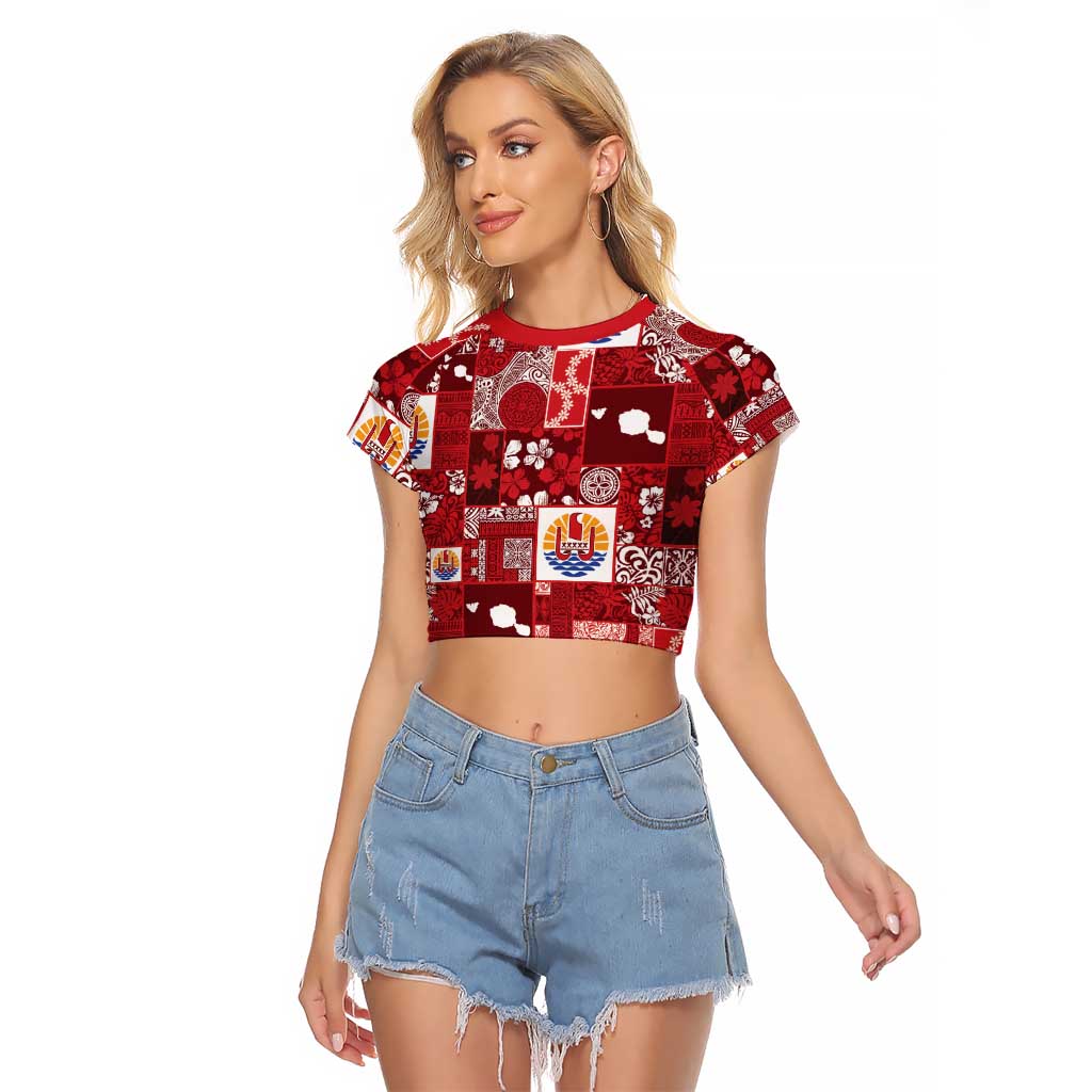 Tahiti Oaoa I Teie Noera Raglan Cropped T Shirt Pacific Patchwork Xmas Vibes - Polynesian Pride