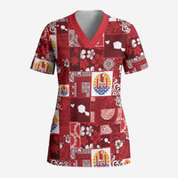 Tahiti Oaoa I Teie Noera Scrub Top Pacific Patchwork Xmas Vibes - Polynesian Pride