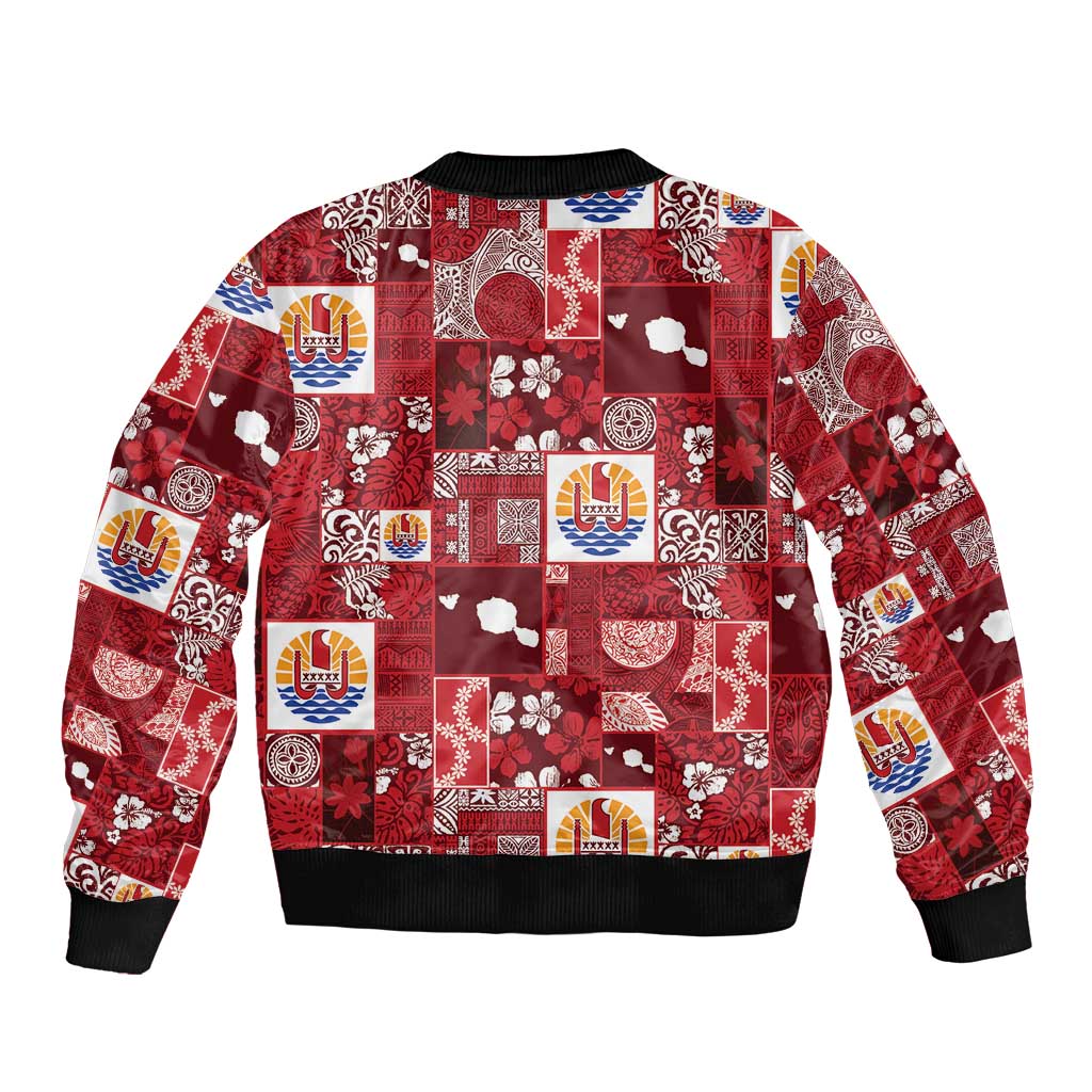 Tahiti Oaoa I Teie Noera Sleeve Zip Bomber Jacket Pacific Patchwork Xmas Vibes - Polynesian Pride