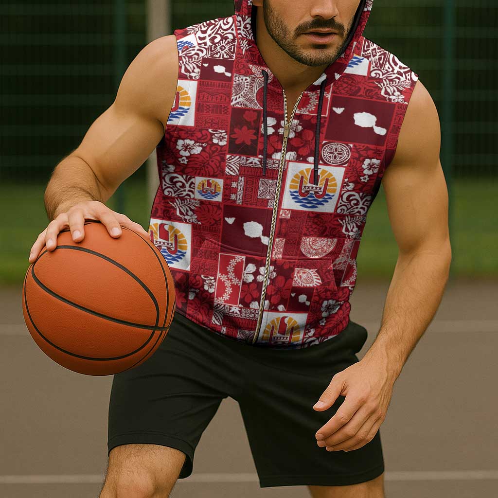 Tahiti Oaoa I Teie Noera Sleeveless Zip Hoodie Pacific Patchwork Xmas Vibes - Polynesian Pride