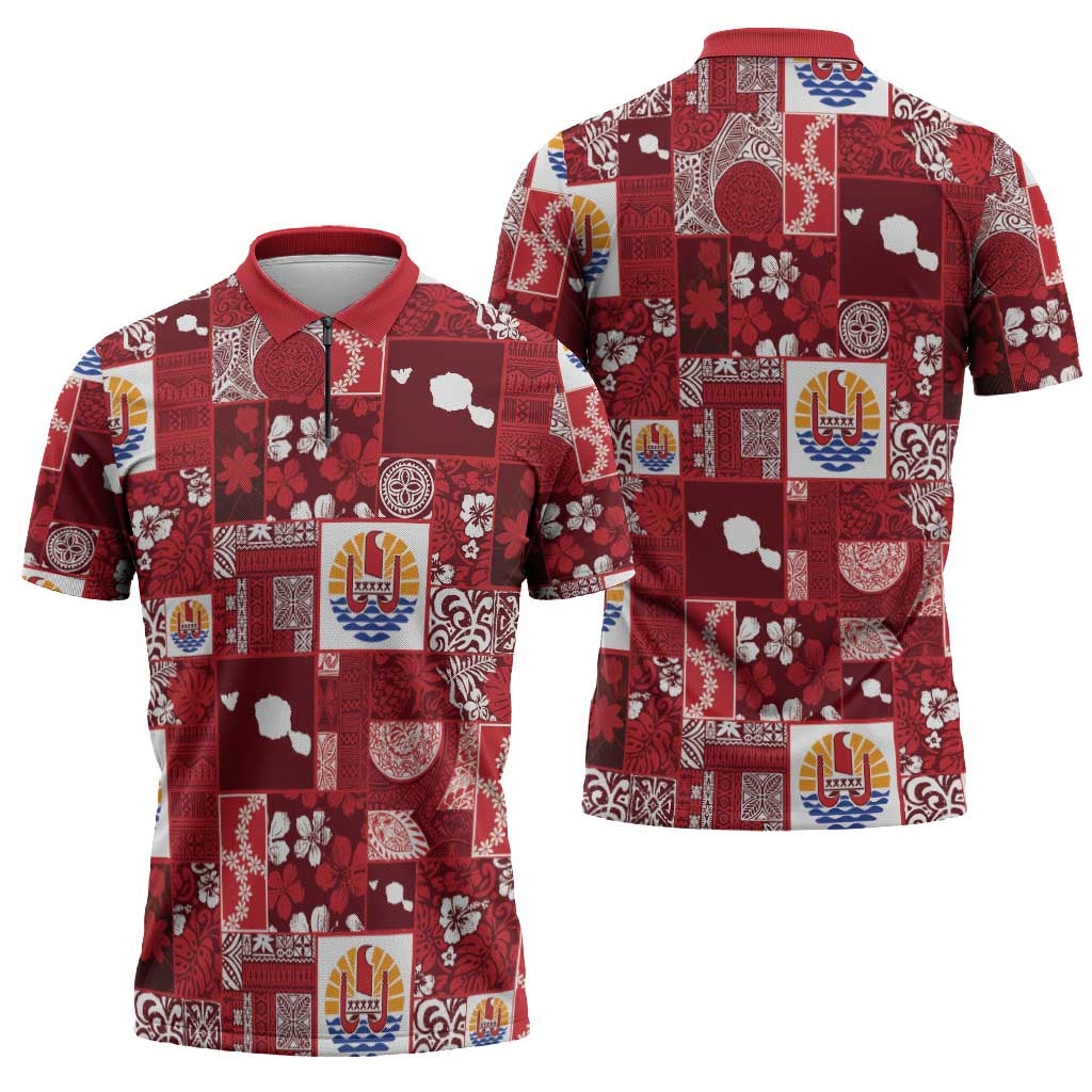 Tahiti Oaoa I Teie Noera Zipper Polo Shirt Pacific Patchwork Xmas Vibes - Polynesian Pride