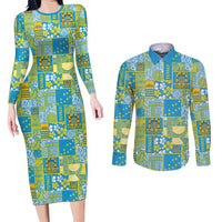 Tuvalu Manuia te Kilisimasi Couples Matching Long Sleeve Bodycon Dress and Long Sleeve Button Shirt Pacific Patchwork Xmas Vibes - Polynesian Pride