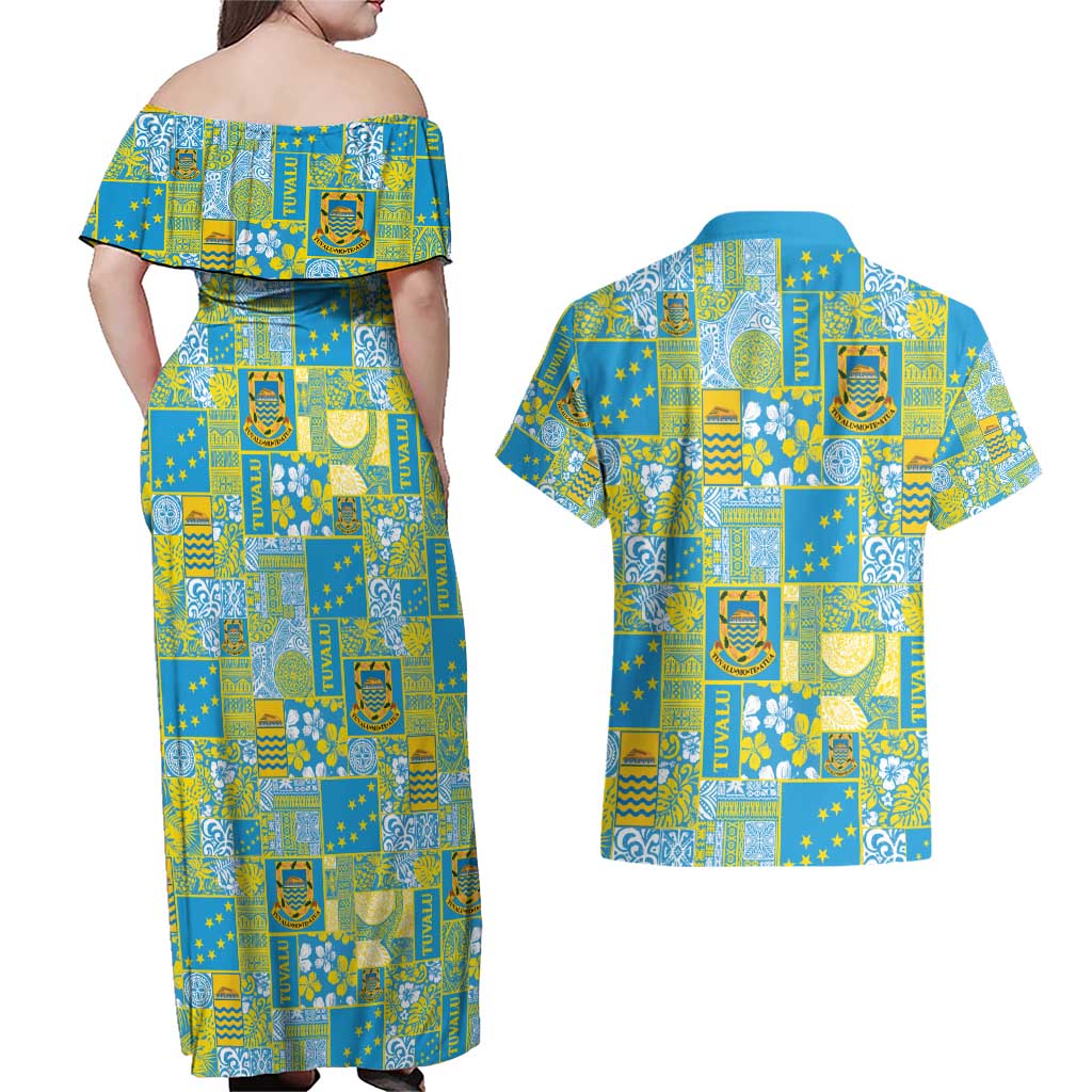 Tuvalu Manuia te Kilisimasi Couples Matching Off Shoulder Maxi Dress and Hawaiian Shirt Pacific Patchwork Xmas Vibes - Polynesian Pride