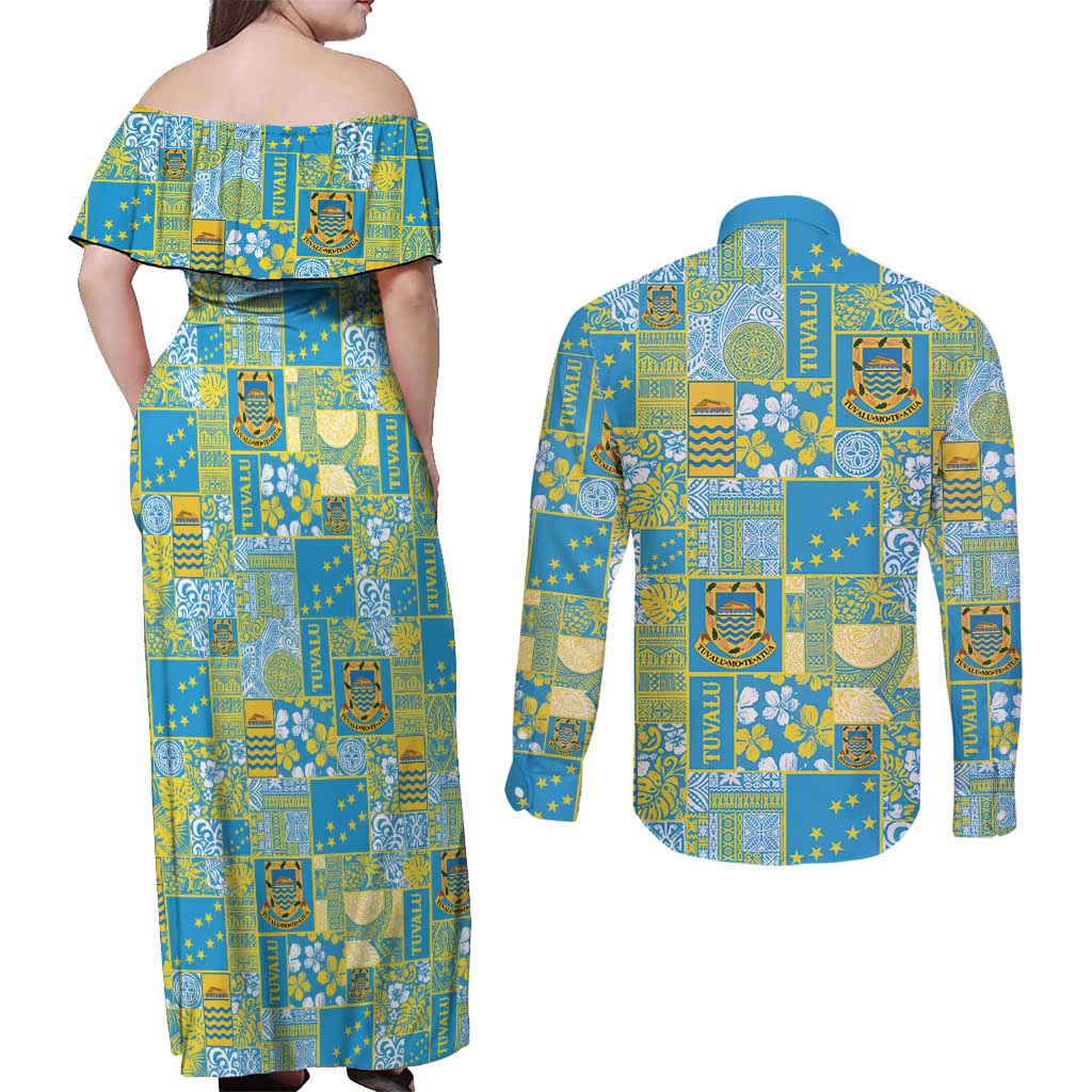 Tuvalu Manuia te Kilisimasi Couples Matching Off Shoulder Maxi Dress and Long Sleeve Button Shirt Pacific Patchwork Xmas Vibes - Polynesian Pride