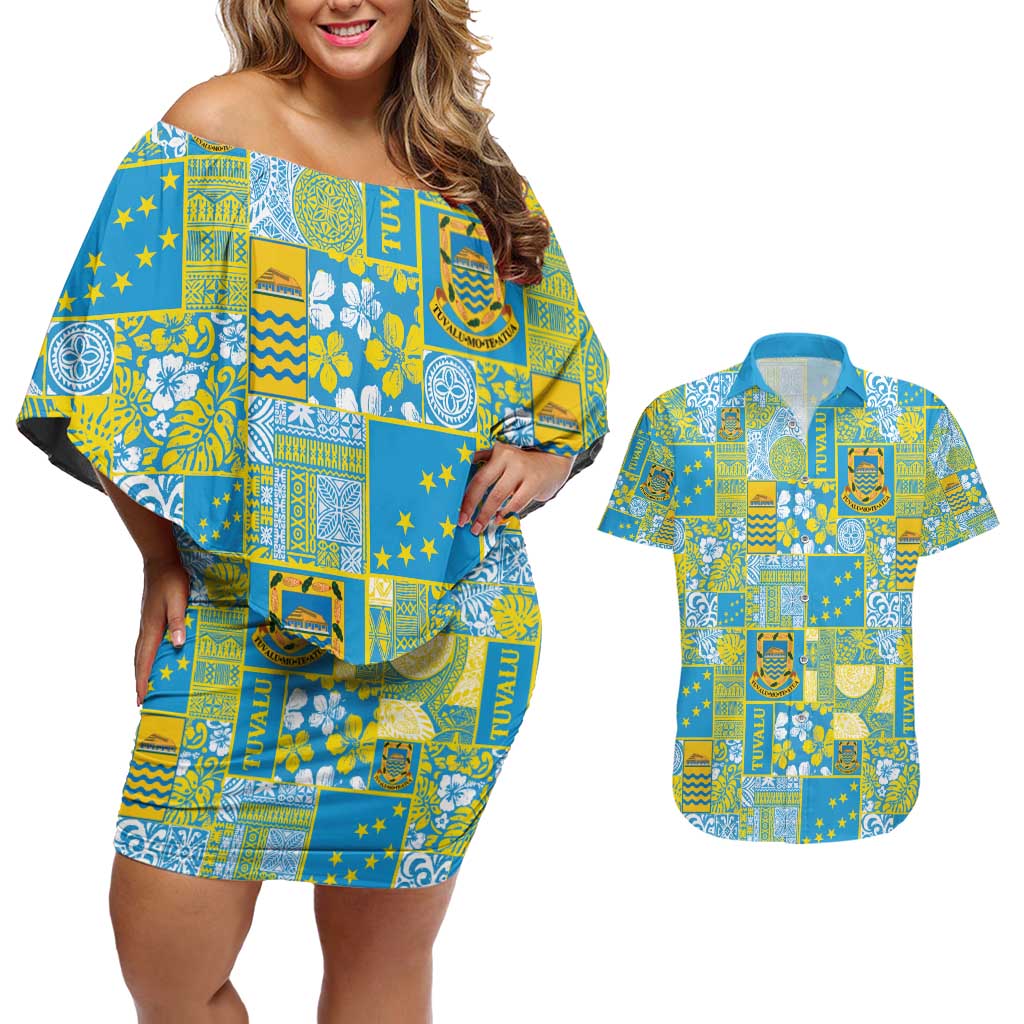 Tuvalu Manuia te Kilisimasi Couples Matching Off Shoulder Short Dress and Hawaiian Shirt Pacific Patchwork Xmas Vibes - Polynesian Pride