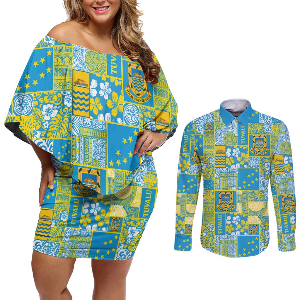 Tuvalu Manuia te Kilisimasi Couples Matching Off Shoulder Short Dress and Long Sleeve Button Shirt Pacific Patchwork Xmas Vibes - Polynesian Pride