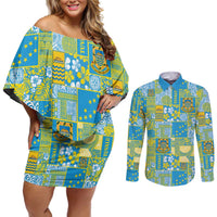 Tuvalu Manuia te Kilisimasi Couples Matching Off Shoulder Short Dress and Long Sleeve Button Shirt Pacific Patchwork Xmas Vibes - Polynesian Pride