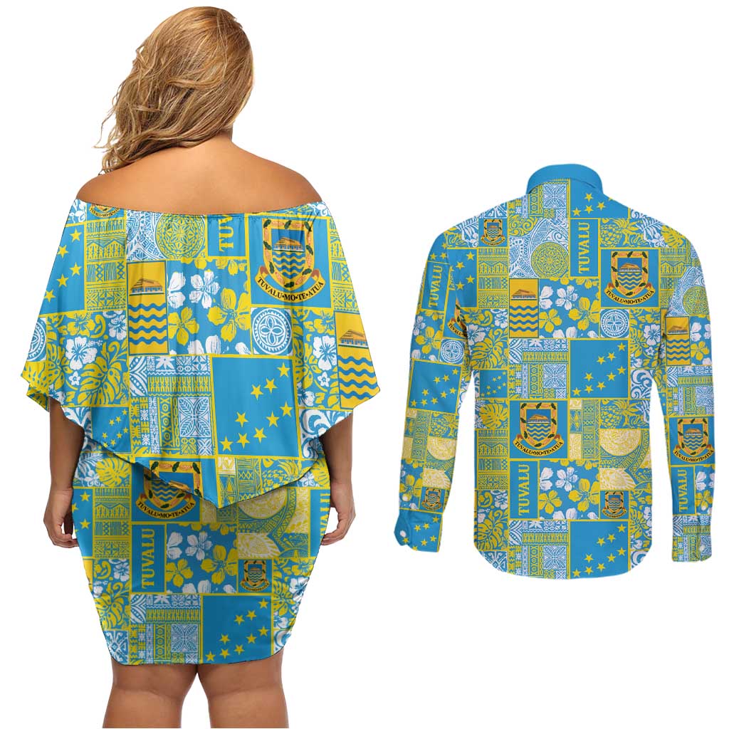 Tuvalu Manuia te Kilisimasi Couples Matching Off Shoulder Short Dress and Long Sleeve Button Shirt Pacific Patchwork Xmas Vibes - Polynesian Pride