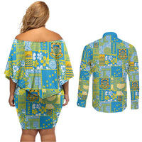Tuvalu Manuia te Kilisimasi Couples Matching Off Shoulder Short Dress and Long Sleeve Button Shirt Pacific Patchwork Xmas Vibes - Polynesian Pride