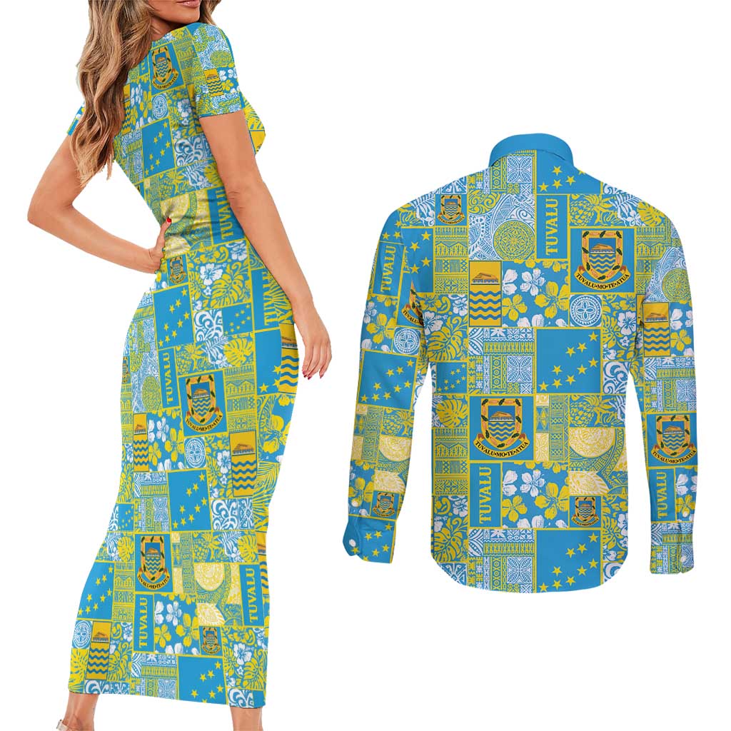 Tuvalu Manuia te Kilisimasi Couples Matching Short Sleeve Bodycon Dress and Long Sleeve Button Shirt Pacific Patchwork Xmas Vibes - Polynesian Pride