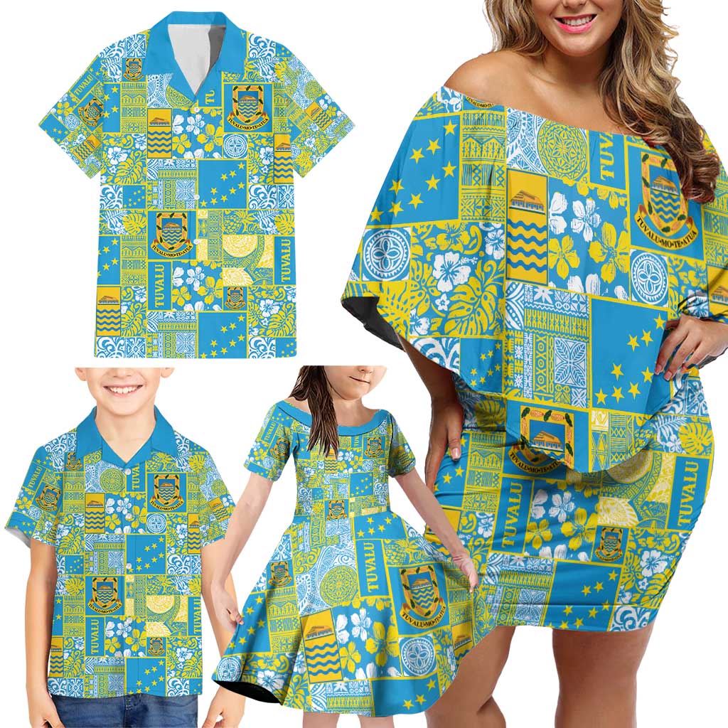 Tuvalu Manuia te Kilisimasi Family Matching Off Shoulder Short Dress and Hawaiian Shirt Pacific Patchwork Xmas Vibes - Polynesian Pride
