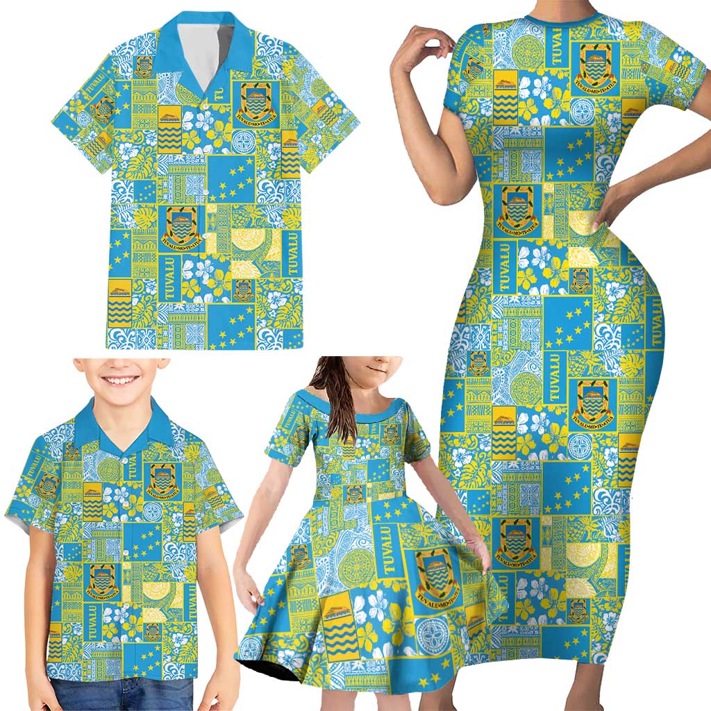 Tuvalu Manuia te Kilisimasi Family Matching Short Sleeve Bodycon Dress and Hawaiian Shirt Pacific Patchwork Xmas Vibes - Polynesian Pride