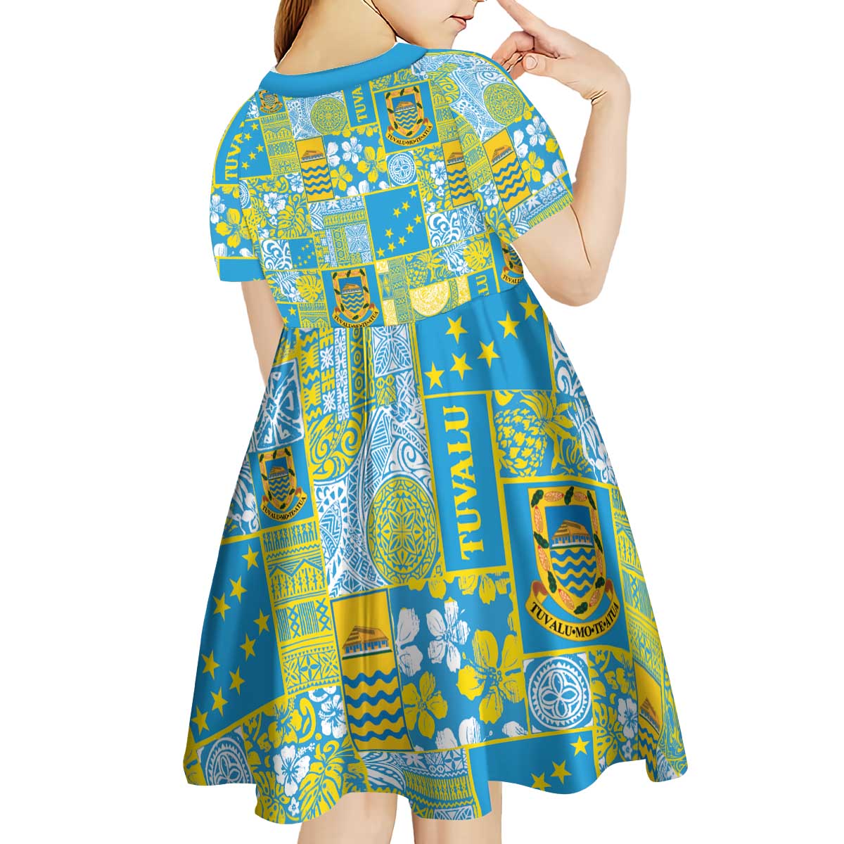 Tuvalu Manuia te Kilisimasi Kid Short Sleeve Dress Pacific Patchwork Xmas Vibes - Polynesian Pride