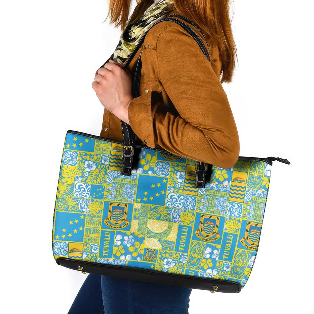 Tuvalu Manuia te Kilisimasi Leather Tote Bag Pacific Patchwork Xmas Vibes - Polynesian Pride