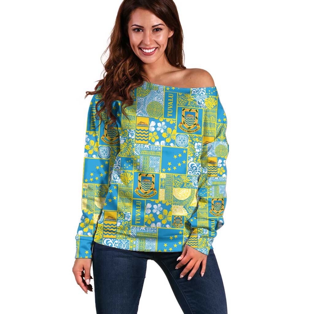 Tuvalu Manuia te Kilisimasi Off Shoulder Sweater Pacific Patchwork Xmas Vibes - Polynesian Pride