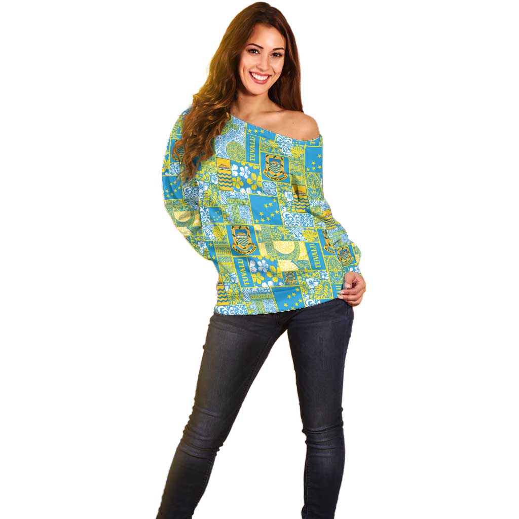 Tuvalu Manuia te Kilisimasi Off Shoulder Sweater Pacific Patchwork Xmas Vibes - Polynesian Pride