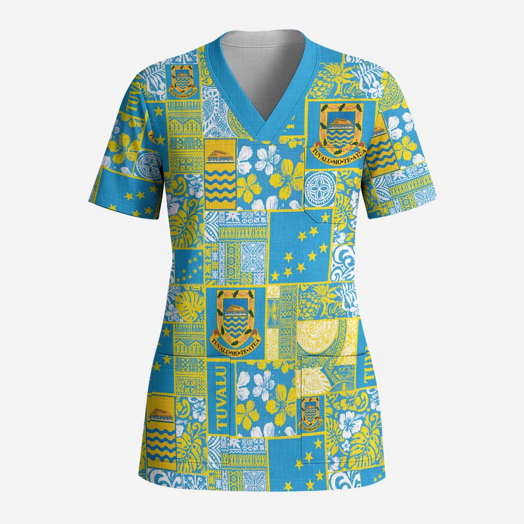 Tuvalu Manuia te Kilisimasi Scrub Top Pacific Patchwork Xmas Vibes - Polynesian Pride