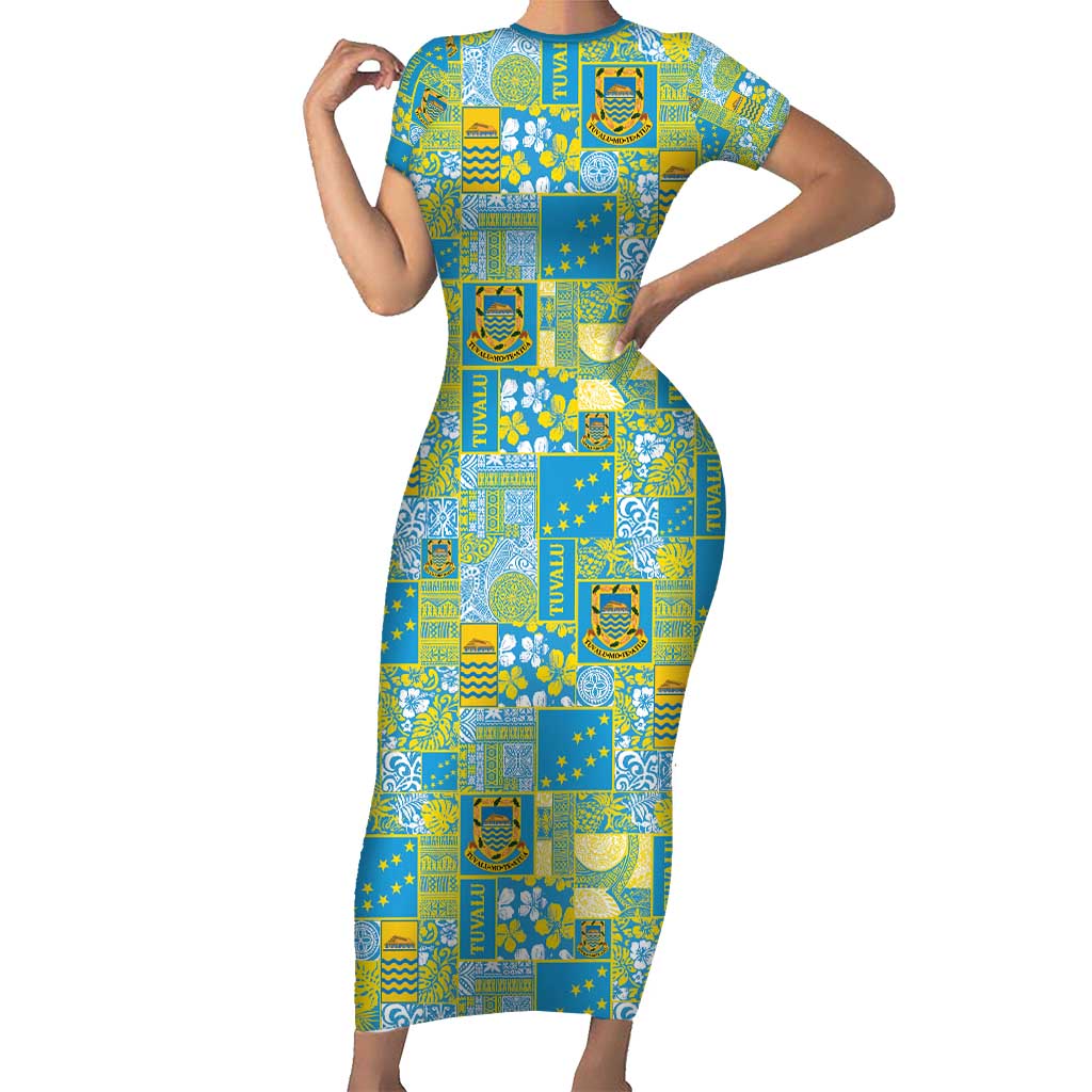 Tuvalu Manuia te Kilisimasi Short Sleeve Bodycon Dress Pacific Patchwork Xmas Vibes - Polynesian Pride