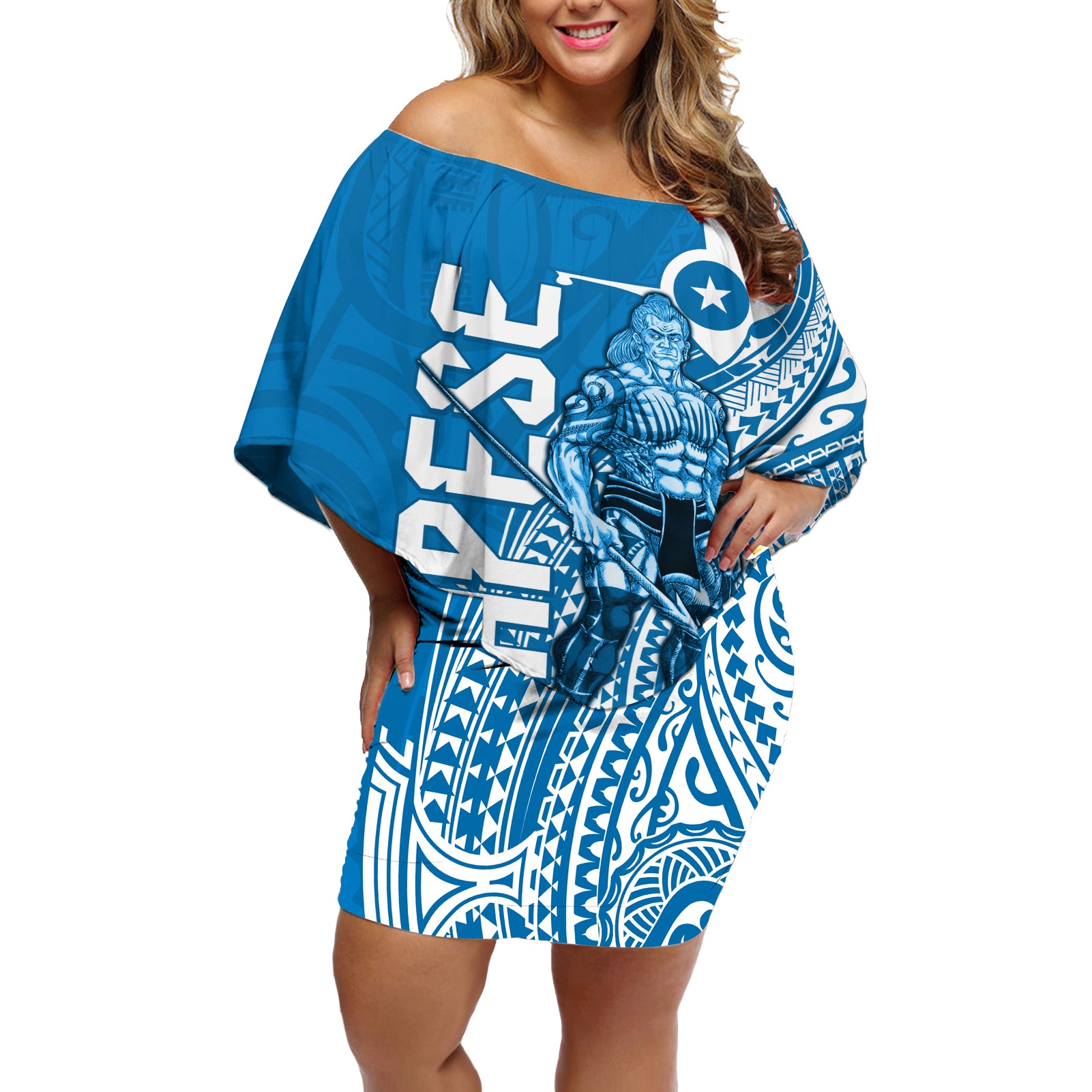 Yap Day 1 March Off Shoulder Short Dress Micronesia Yapese Warrior LT9 Women Blue - Polynesian Pride