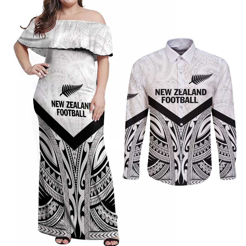 New Zealand Football Custom Couples Matching Off Shoulder Maxi Dress and Long Sleeve Button Shirt All White Fern Go Champions LT9 White - Polynesian Pride