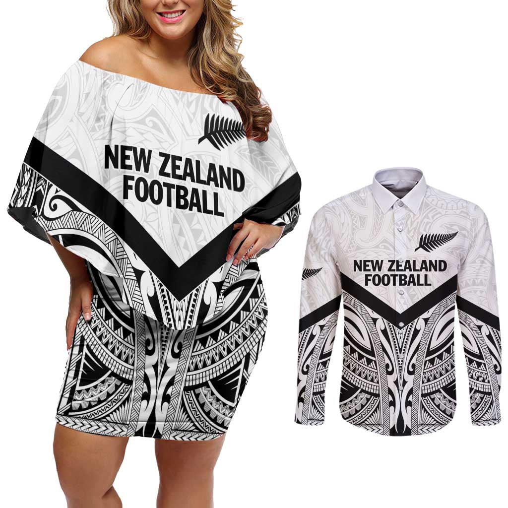 New Zealand Football Custom Couples Matching Off Shoulder Short Dress and Long Sleeve Button Shirt All White Fern Go Champions LT9 White - Polynesian Pride