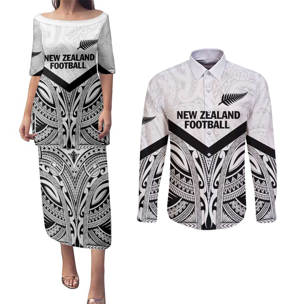 New Zealand Football Custom Couples Matching Puletasi and Long Sleeve Button Shirt All White Fern Go Champions LT9 White - Polynesian Pride