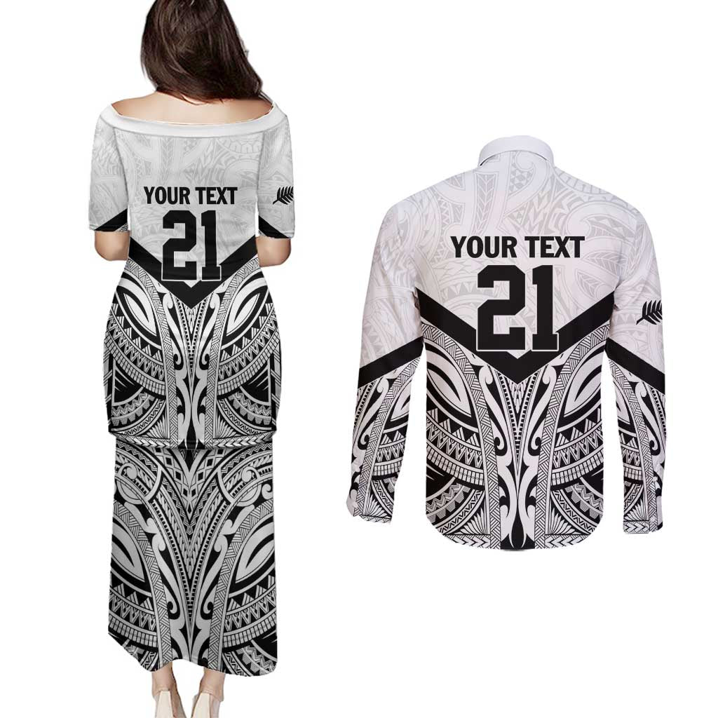 New Zealand Football Custom Couples Matching Puletasi and Long Sleeve Button Shirt All White Fern Go Champions LT9 - Polynesian Pride