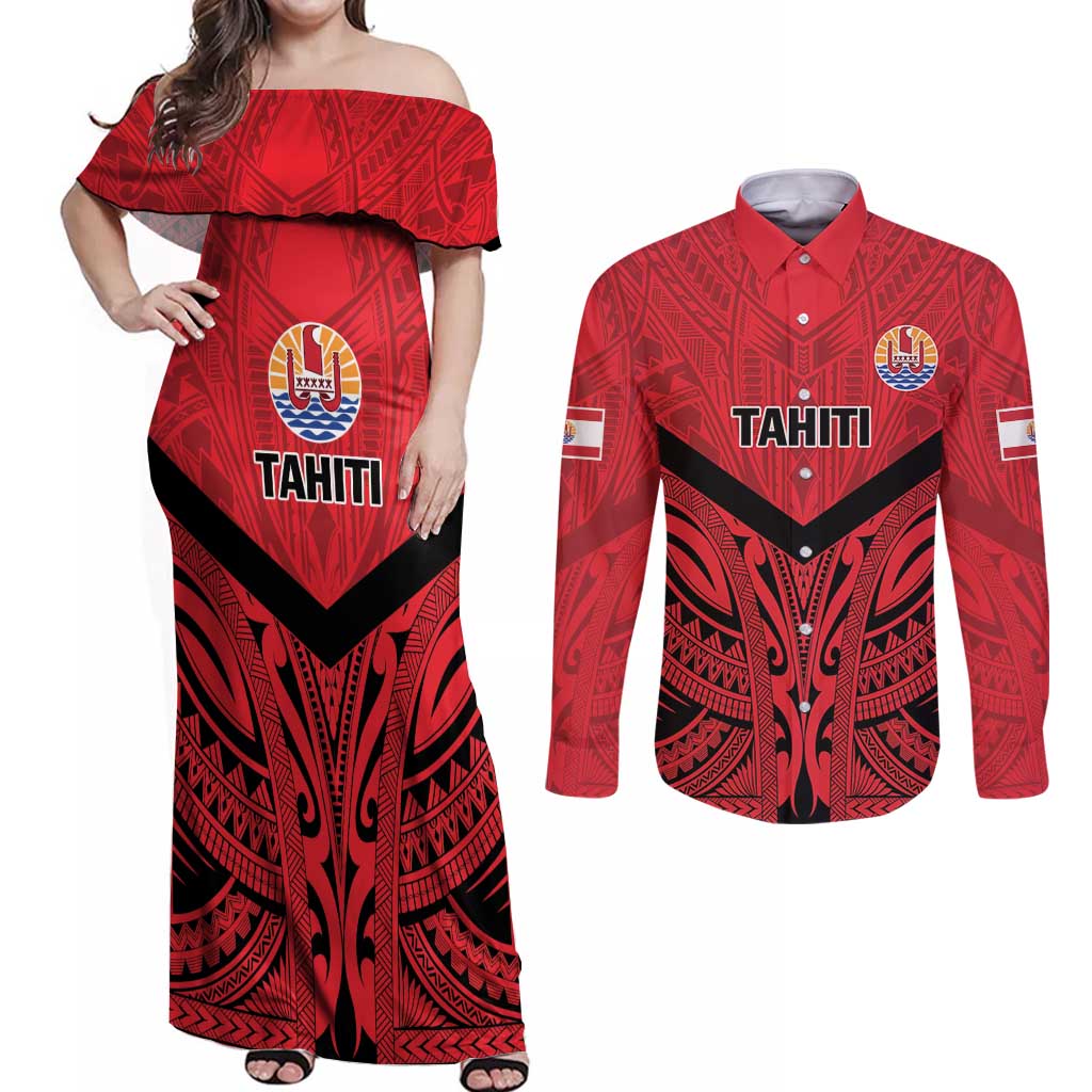 Tahiti Football Custom Couples Matching Off Shoulder Maxi Dress and Long Sleeve Button Shirt Toa Aito Go Champions LT9 Red - Polynesian Pride