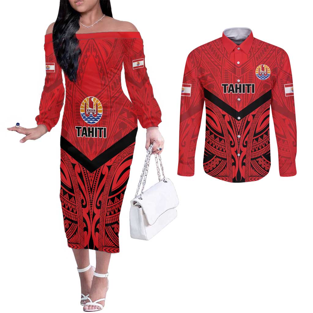 Tahiti Football Custom Couples Matching Off The Shoulder Long Sleeve Dress and Long Sleeve Button Shirt Toa Aito Go Champions LT9 Red - Polynesian Pride