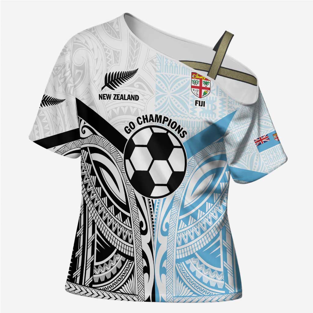 New Zealand-Fiji Football Custom Cross Shoulder Shirt Together Go Champions LT9 Female Art - Polynesian Pride